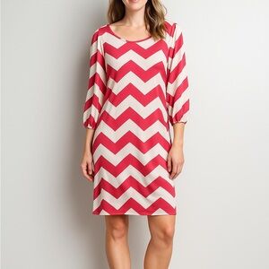 Loila Pink/Cream Chevron Print Long Sleeve Waist Tie Shift Mini Dress Brunch